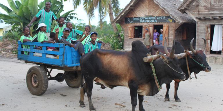 People in an ox cart outside of a shop