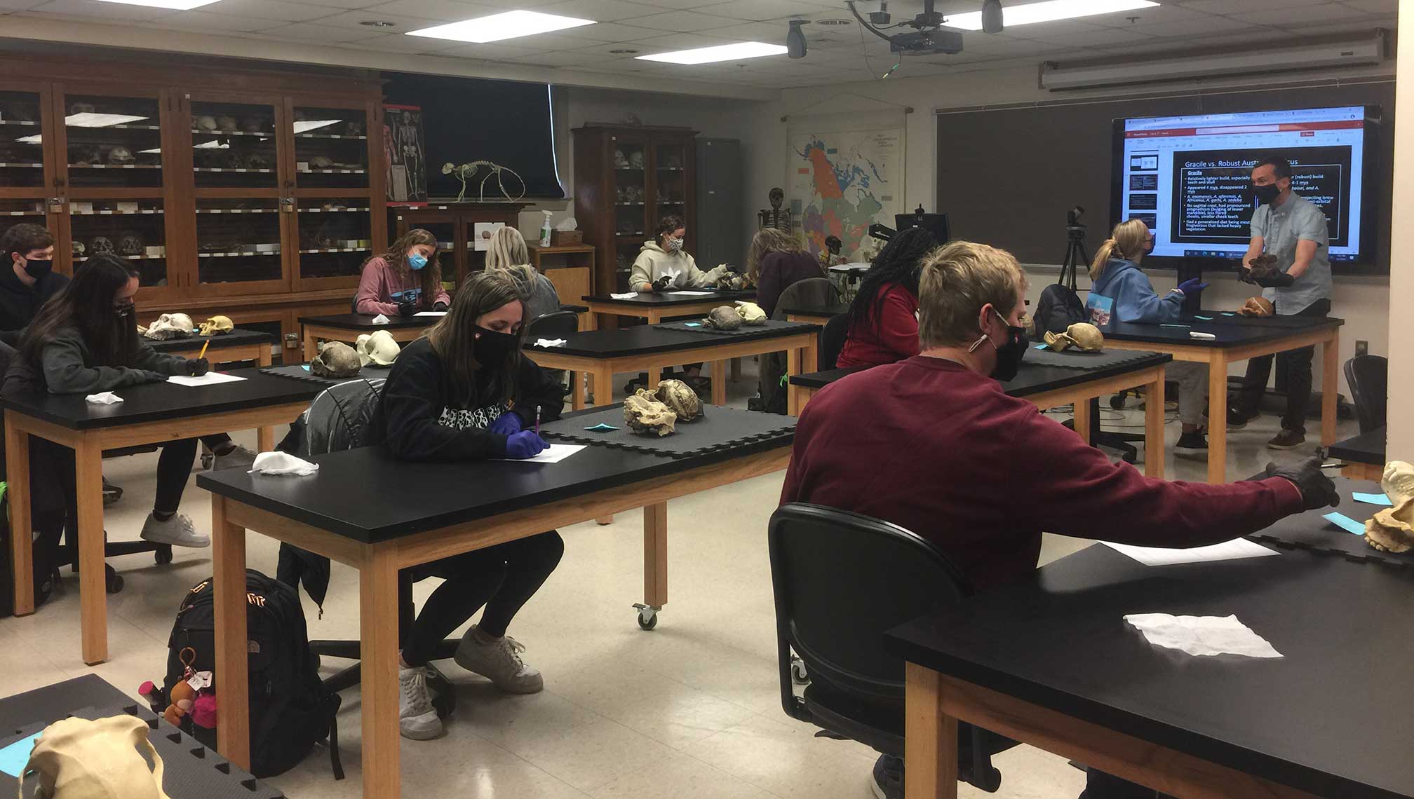 Students work at tables in one of IU Anthropology's labs.