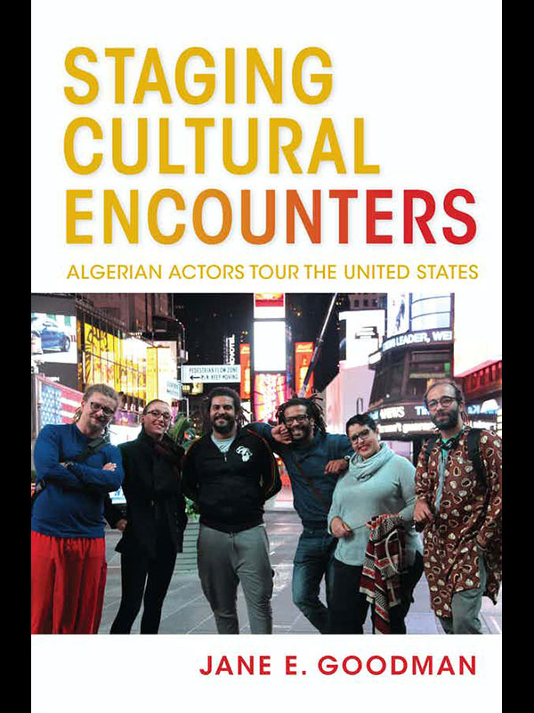 The book cover of Staging Cultural Encounters, which depicts a group of people standing in Times Square.
